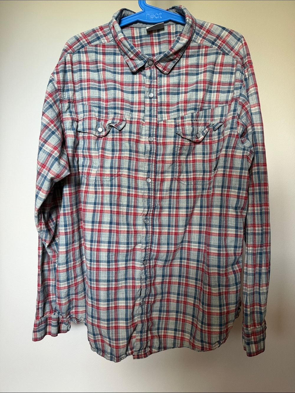 Columbia Men's Chambray Collar Plaid Button-Up Shirt XL Pearl Buttons